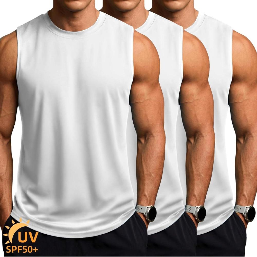 imageZITY 3 Pack Mens Sleeveless Shirts Quick Dry Tank Tops UPF 50 Workout Gym Muscle Shirt for Running Bodybuilding Summer3 White