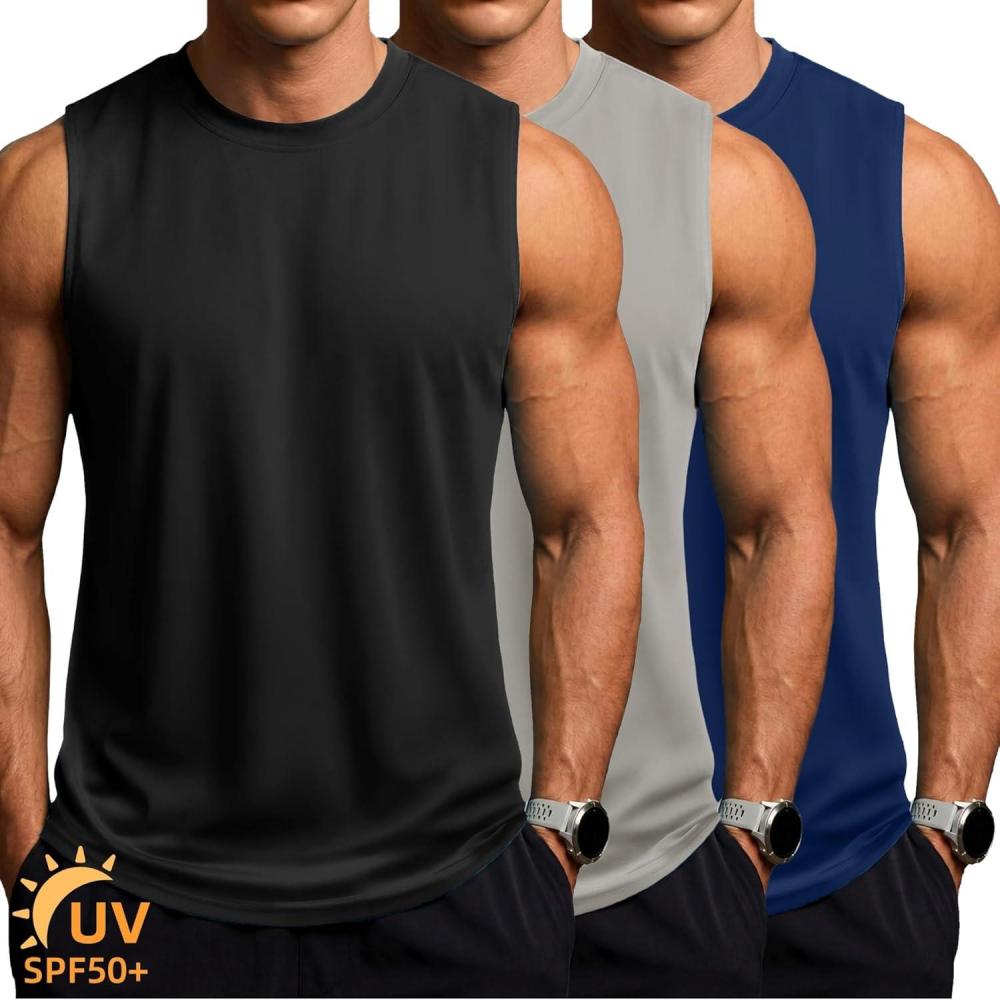 imageZITY 3 Pack Mens Sleeveless Shirts Quick Dry Tank Tops UPF 50 Workout Gym Muscle Shirt for Running Bodybuilding SummerBlackDark BlueLight Grey
