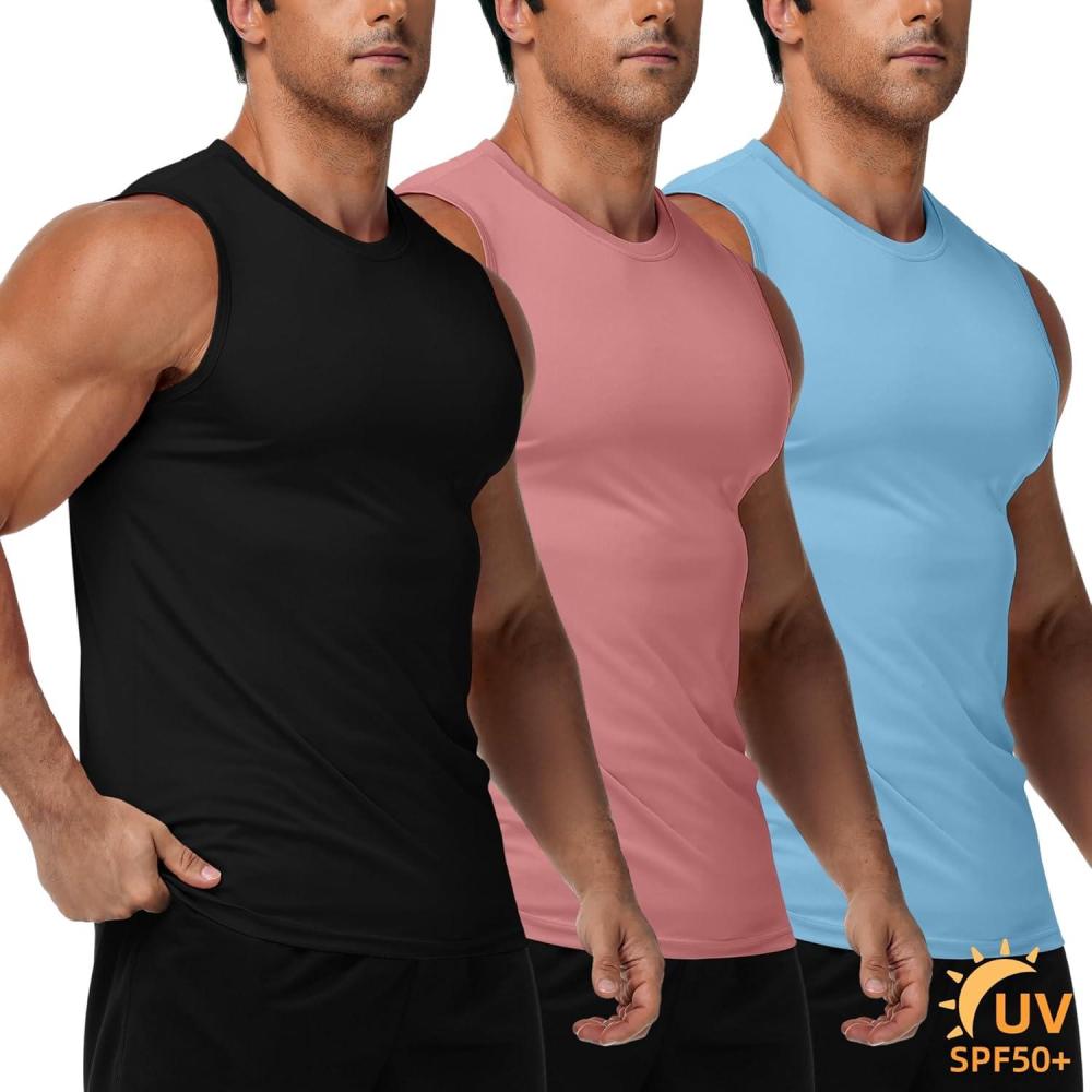 imageZITY 3 Pack Mens Sleeveless Shirts Quick Dry Tank Tops UPF 50 Workout Gym Muscle Shirt for Running Bodybuilding SummerBlackPinkWater Blue