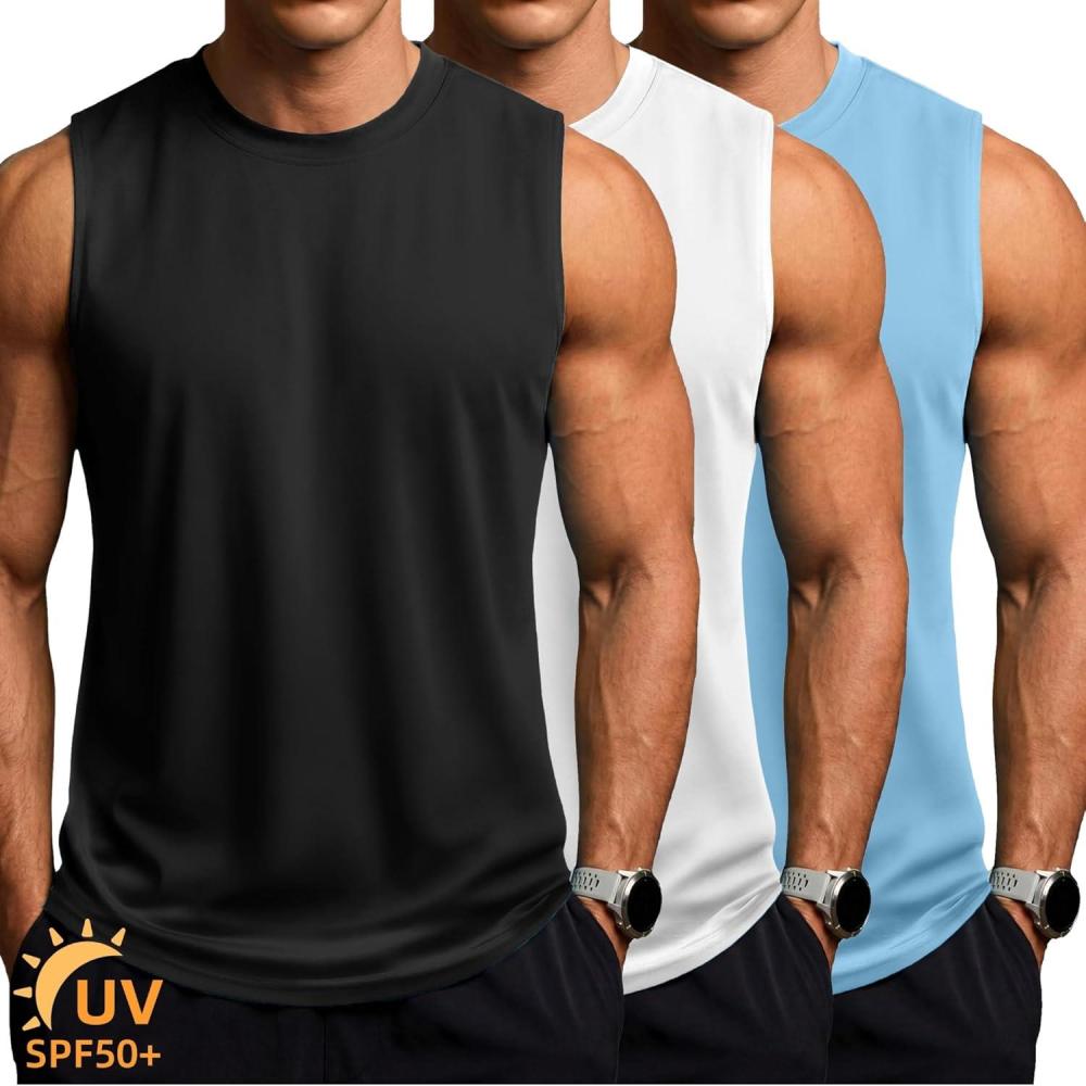 imageZITY 3 Pack Mens Sleeveless Shirts Quick Dry Tank Tops UPF 50 Workout Gym Muscle Shirt for Running Bodybuilding SummerBlackWhiteLight Blue