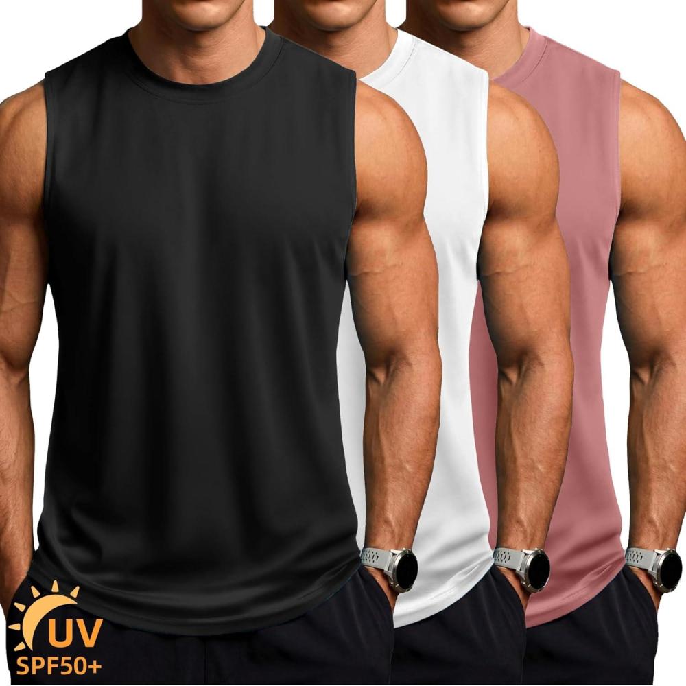 imageZITY 3 Pack Mens Sleeveless Shirts Quick Dry Tank Tops UPF 50 Workout Gym Muscle Shirt for Running Bodybuilding SummerBlackWhitePink