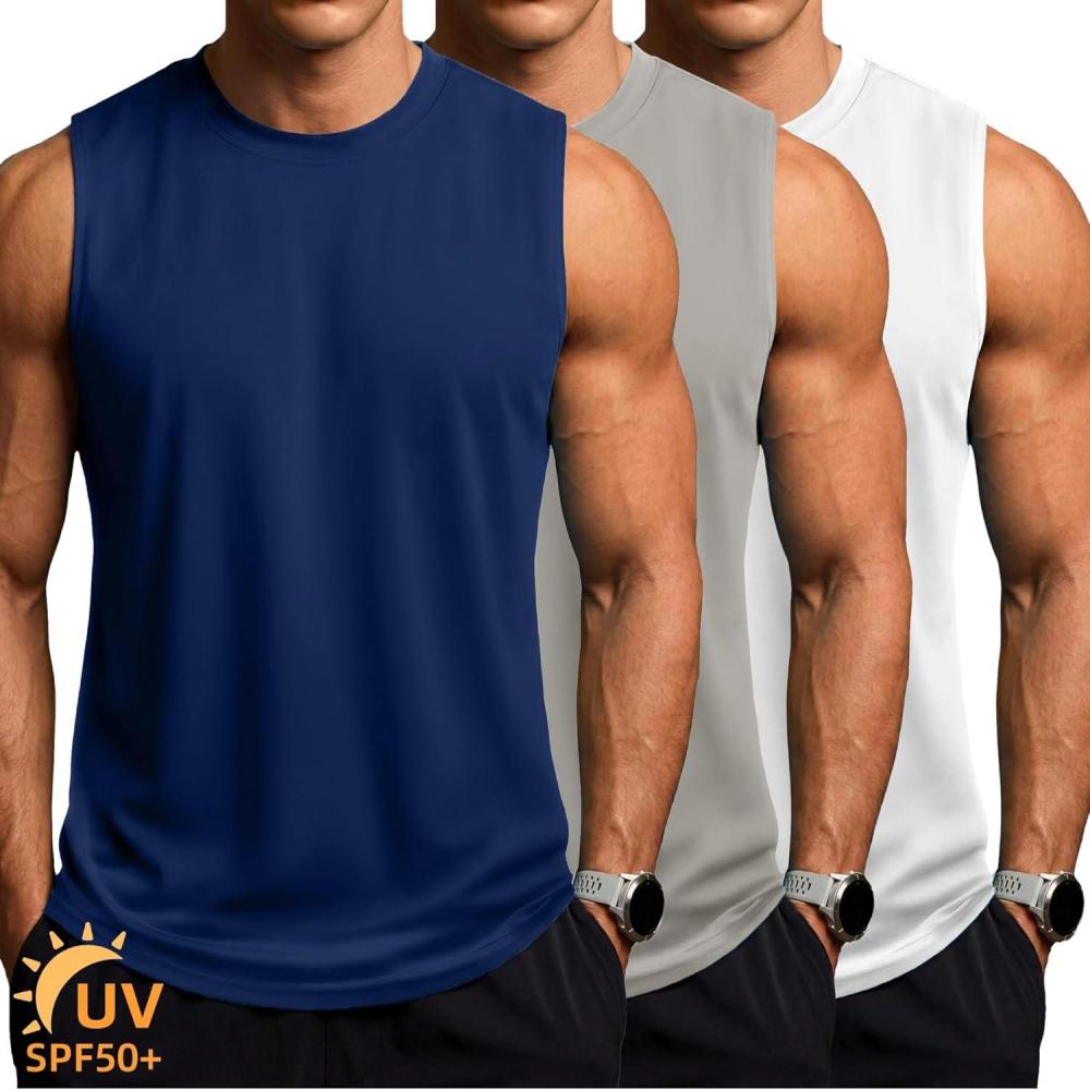 imageZITY 3 Pack Mens Sleeveless Shirts Quick Dry Tank Tops UPF 50 Workout Gym Muscle Shirt for Running Bodybuilding SummerDark BlueWhiteLight Grey