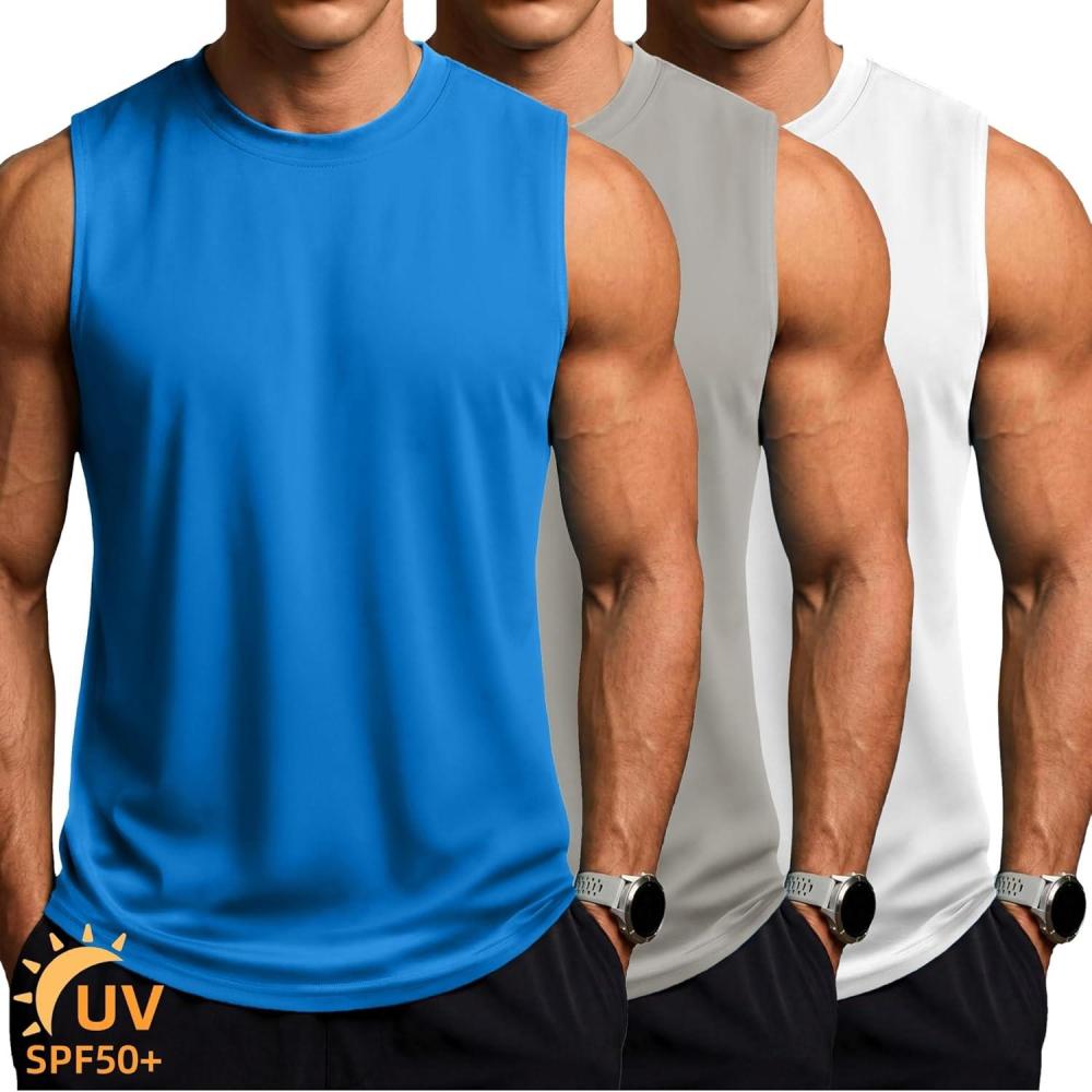 imageZITY 3 Pack Mens Sleeveless Shirts Quick Dry Tank Tops UPF 50 Workout Gym Muscle Shirt for Running Bodybuilding SummerWhiteLight GreyAzure