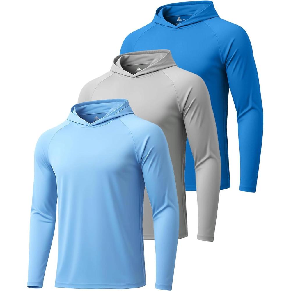 imageZITY 3 Pack Mens Sun Protection Hoodie Shirt Fishing Shirts for Men UPF 50 Long Sleeve Shirt Lightweight Rash Guard3 Packlight Grey  Light Blue  Sky Blue