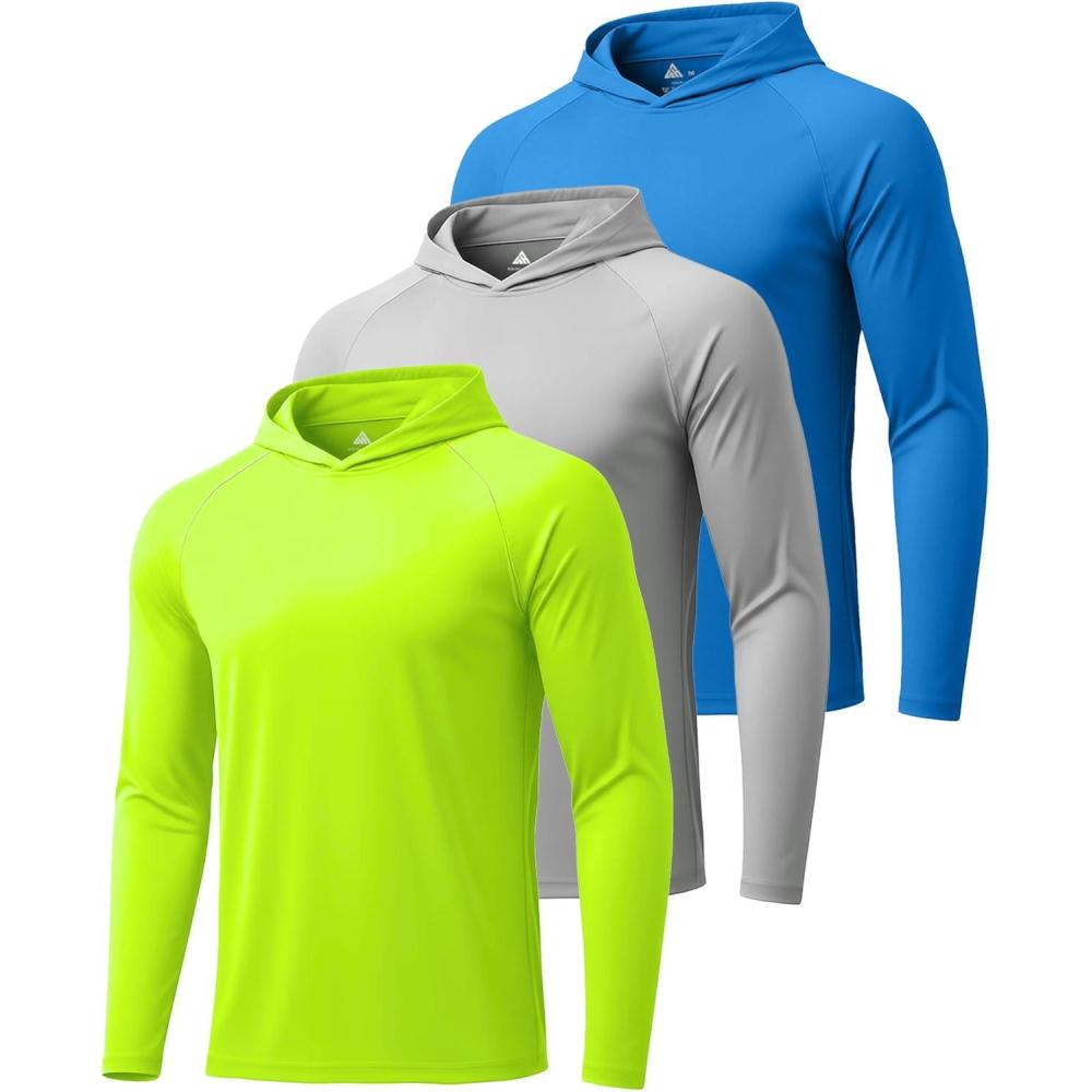 imageZITY 3 Pack Mens Sun Protection Hoodie Shirt Fishing Shirts for Men UPF 50 Long Sleeve Shirt Lightweight Rash Guard3 Packlight Grey  Sky Blue  Fluorescent Green