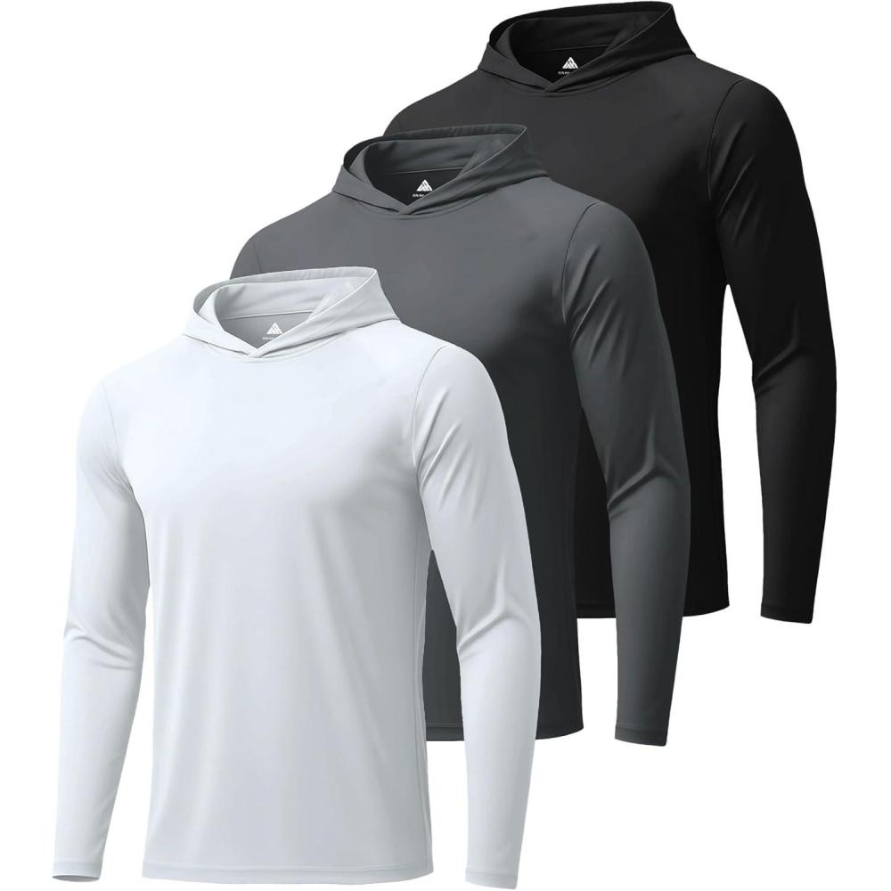 imageZITY 3 Pack Mens Sun Protection Hoodie Shirt Fishing Shirts for Men UPF 50 Long Sleeve Shirt Lightweight Rash Guard3 Packwhite Dark Gray Black