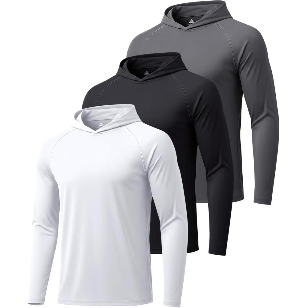 imageZITY 3 Pack Mens Sun Protection Hoodie Shirt Fishing Shirts for Men UPF 50 Long Sleeve Shirt Lightweight Rash Guard3 Packwhite Dark Grey Black