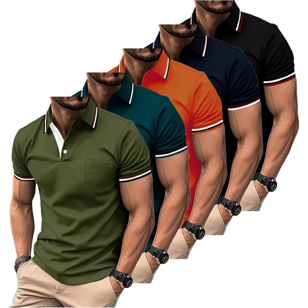 imageZITY 5 Pack Men Polo Shirts Short Sleeve with Pocket Wicking Golf Shirts for Men Casual Collared TShirtsArmygreen Darkblue Orange Navyblue Black
