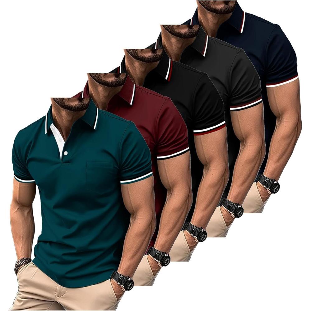 imageZITY 5 Pack Men Polo Shirts Short Sleeve with Pocket Wicking Golf Shirts for Men Casual Collared TShirtsBlack Darkblue Winered Darkgray Navyblue