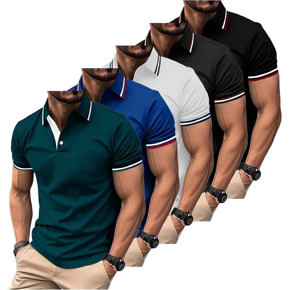 imageZITY 5 Pack Men Polo Shirts Short Sleeve with Pocket Wicking Golf Shirts for Men Casual Collared TShirtsDarkblue Sapphireblue White Darkgray Black
