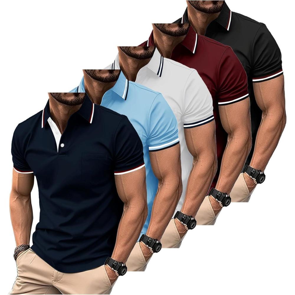 imageZITY 5 Pack Men Polo Shirts Short Sleeve with Pocket Wicking Golf Shirts for Men Casual Collared TShirtsNavy Moonblue White Winered Darkgrey