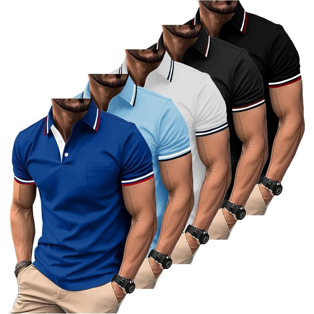 imageZITY 5 Pack Men Polo Shirts Short Sleeve with Pocket Wicking Golf Shirts for Men Casual Collared TShirtsSapphireblue Moonblue White Darkgray Black