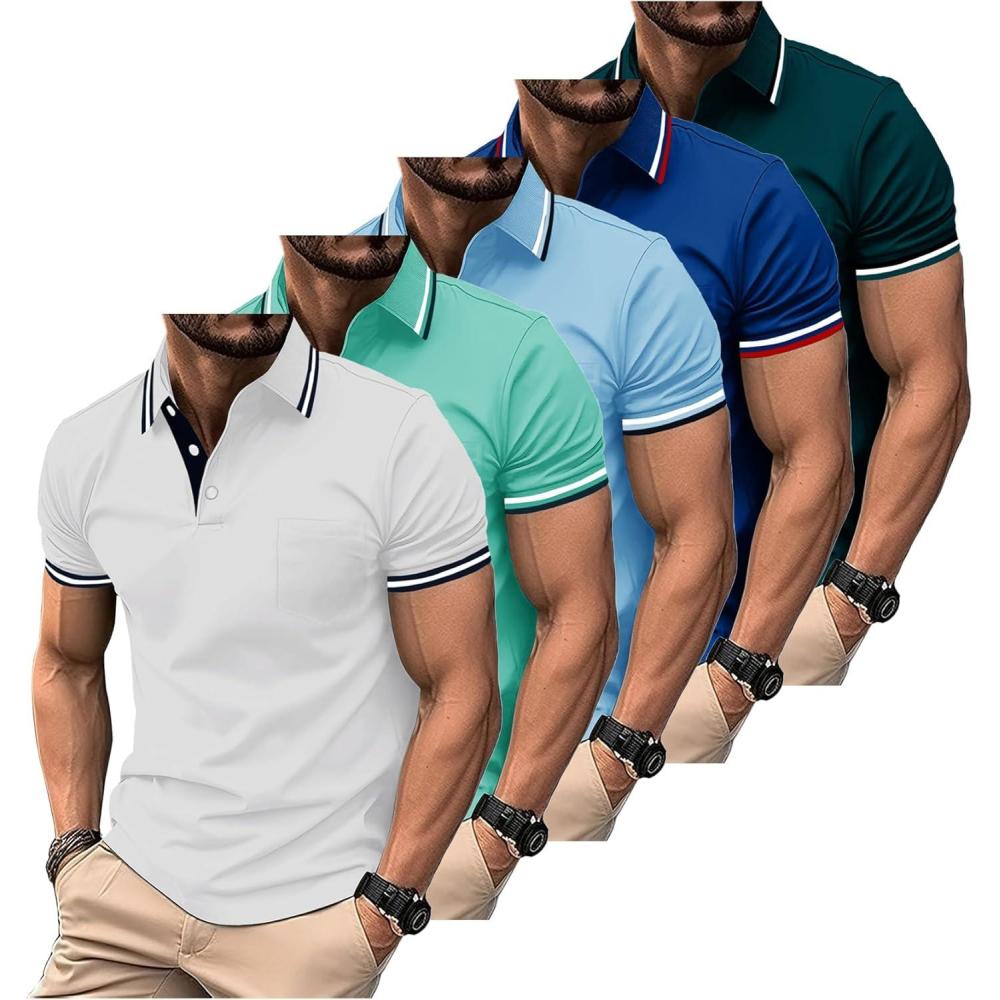 imageZITY 5 Pack Men Polo Shirts Short Sleeve with Pocket Wicking Golf Shirts for Men Casual Collared TShirtsWhite Emeraldblue Moonblue Bluegreen Darkblue