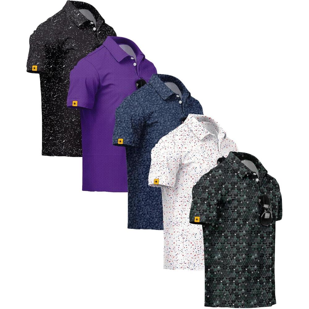 imageZITY 5 Pack Mens Golf Shirt Short Sleeve UPF 50 Moisture Wicking Performance Print Patterns Casual Golf Polo Shirts for MenBlackwhite Purple Navy Redwhiteblue Blackishgreen