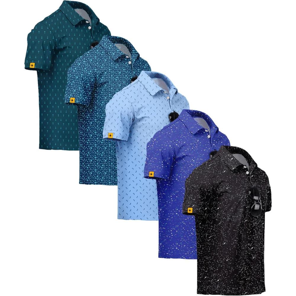 imageZITY 5 Pack Mens Golf Shirt Short Sleeve UPF 50 Moisture Wicking Performance Print Patterns Casual Golf Polo Shirts for MenTealblue Legionblue Lightblue Royalblue Blackwhite