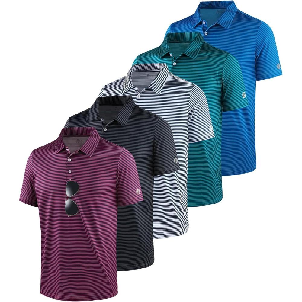imageZITY 5 Pack Mens Golf Striped Polo Shirts Short Sleeve UPF 50 Moisture Wicking Athletic Daily Casual Collared ShirtSetwine Redgreyblackbluedeep Blue Green