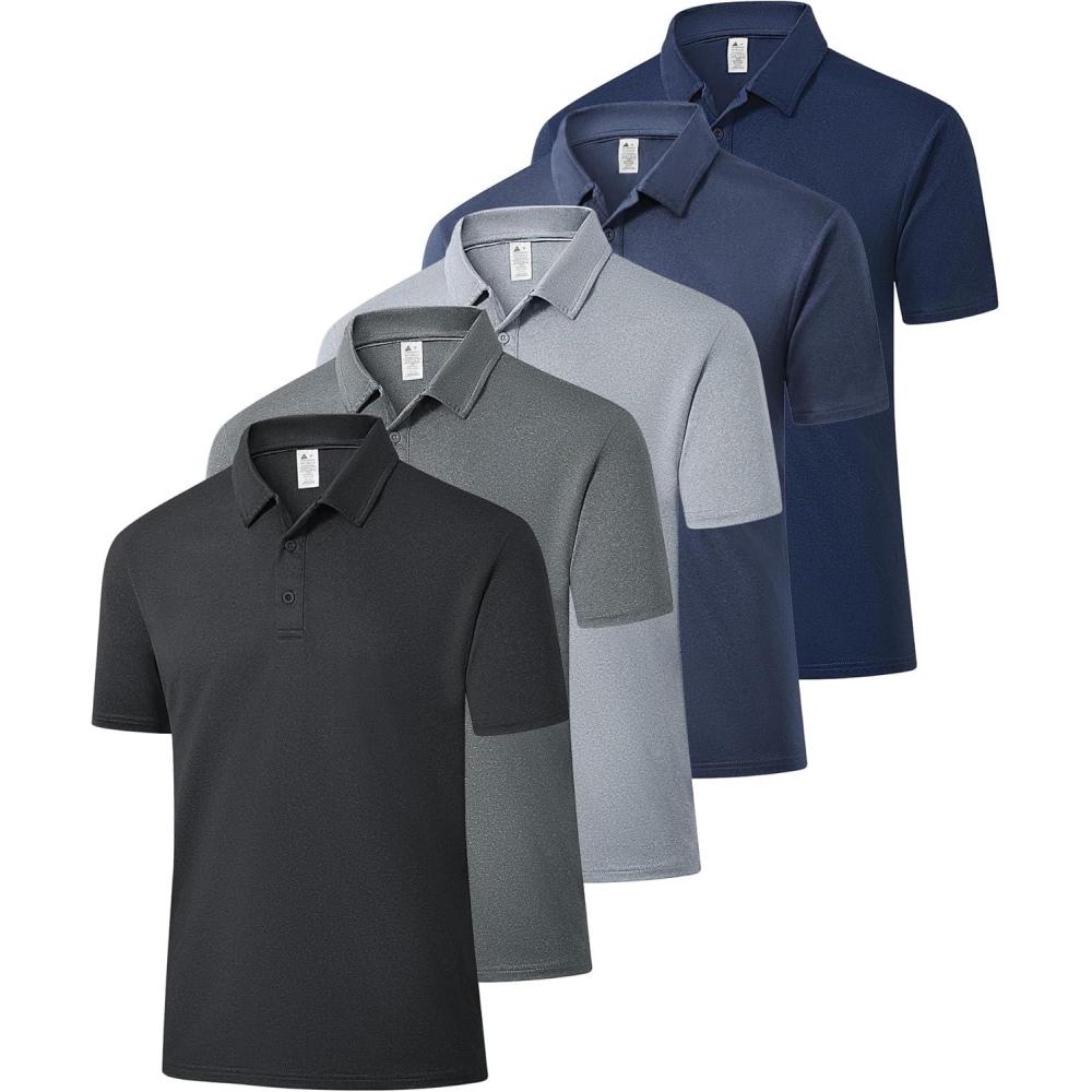 imageZITY 5 Pack Mens Polo Shirts Short Sleeve Fast Dry Golf Shirt Moisture Wicking Performance Casual Workout Collared ShirtBlackGreyLight GreyNavyGrey Blue