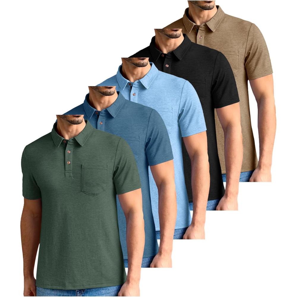 imageZITY 5 Pack Mens Polo Shirts with Pocket Short Sleeve Cotton Lightweight Casual Collared Shirts for Golf Business Daily WearSet B