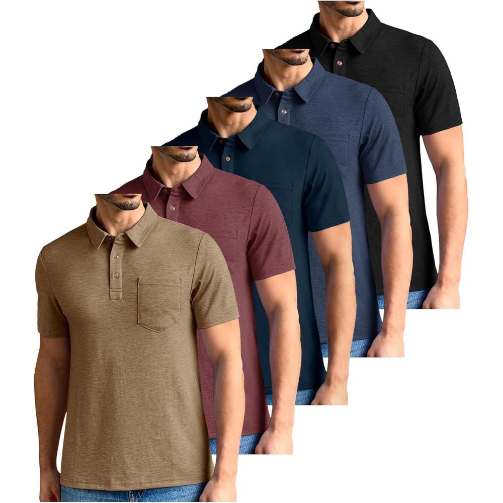 imageZITY 5 Pack Mens Polo Shirts with Pocket Short Sleeve Cotton Lightweight Casual Collared Shirts for Golf Business Daily WearSet C