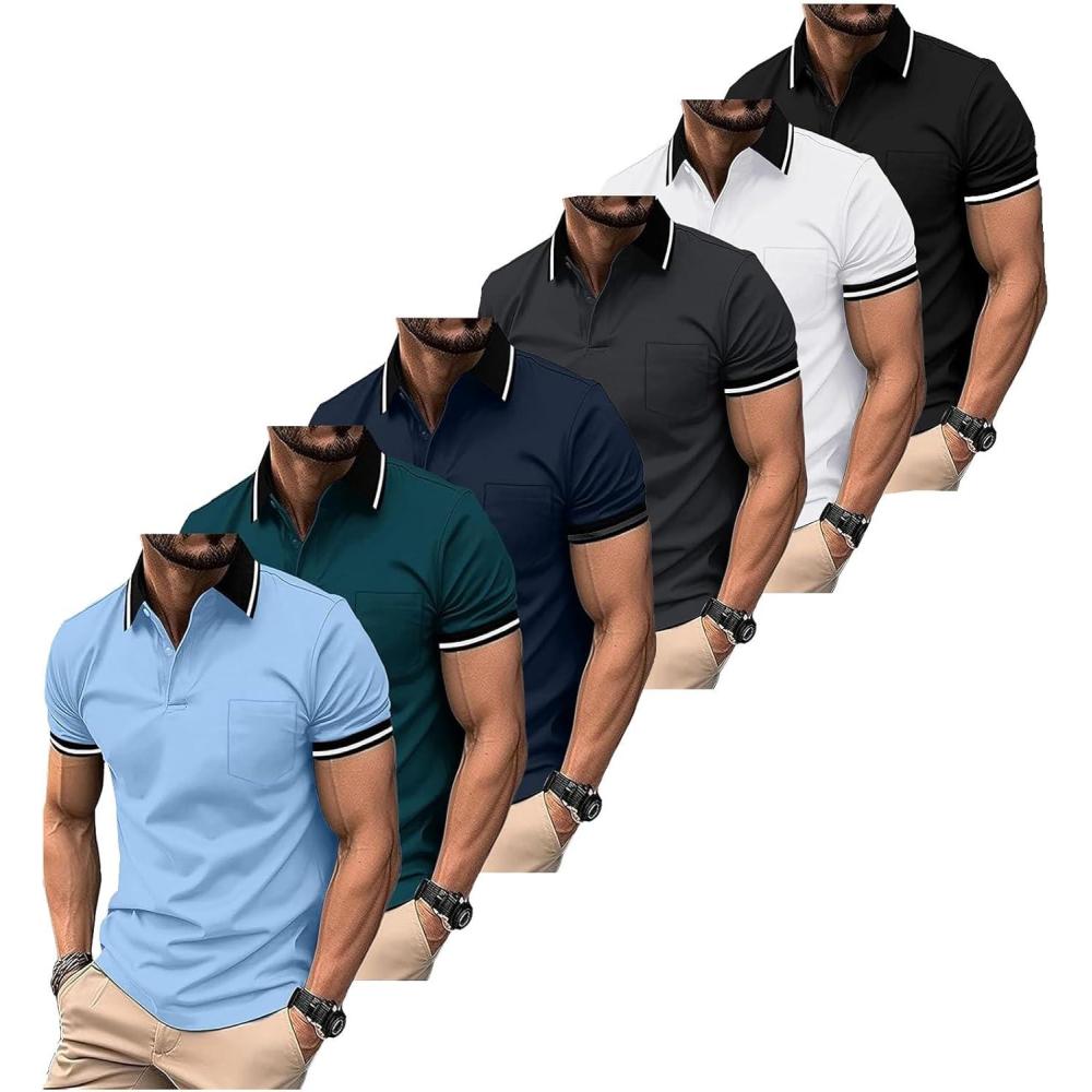 imageZITY 6 Pack Men Polo Shirts Short Sleeve with Pocket Wicking Shirts for Men Casual Collared TShirts 83 Per PieceSix Black Grey Navy White Blue Duckblue