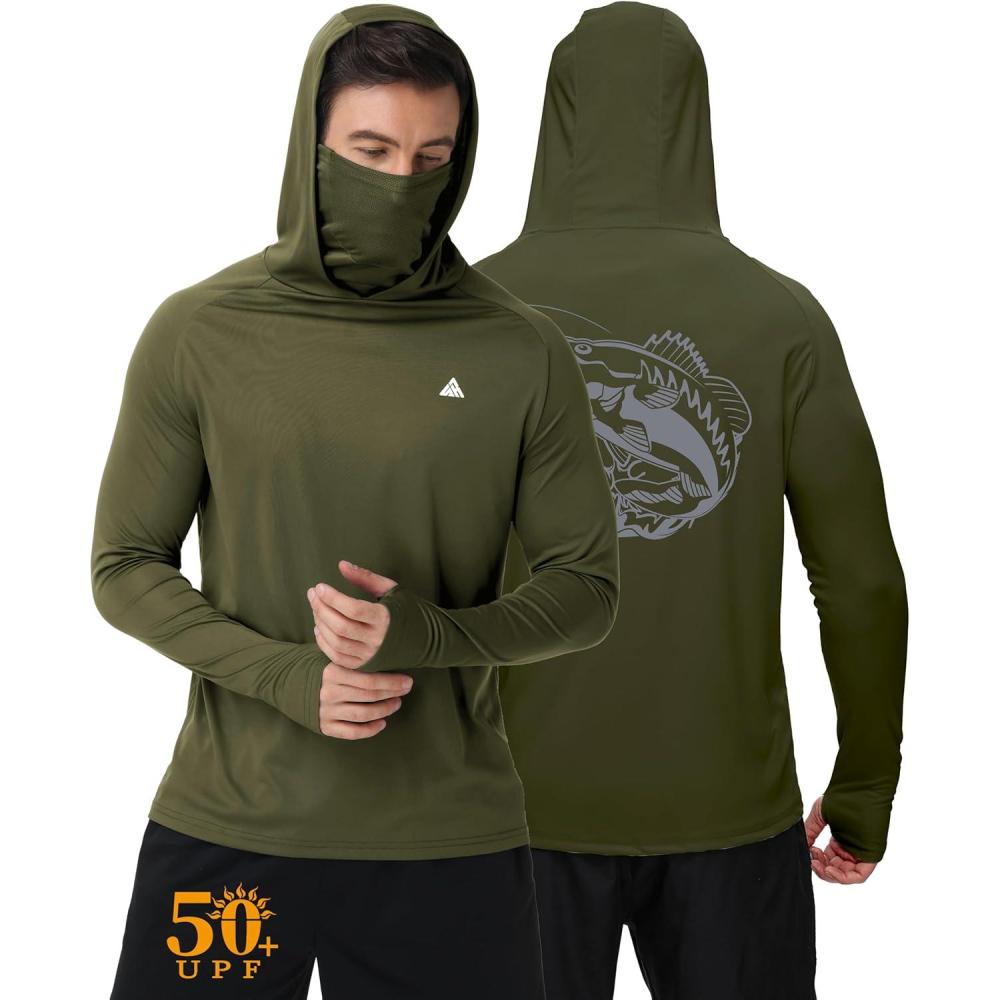 imageZITY Fishing Shirts for Men with Mask UPF 50 UV Sun Protection Rash Guard Long Sleeve HoodieArmy Green