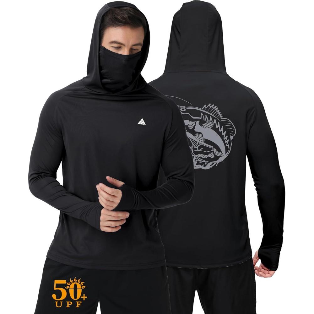 imageZITY Fishing Shirts for Men with Mask UPF 50 UV Sun Protection Rash Guard Long Sleeve HoodieBlack