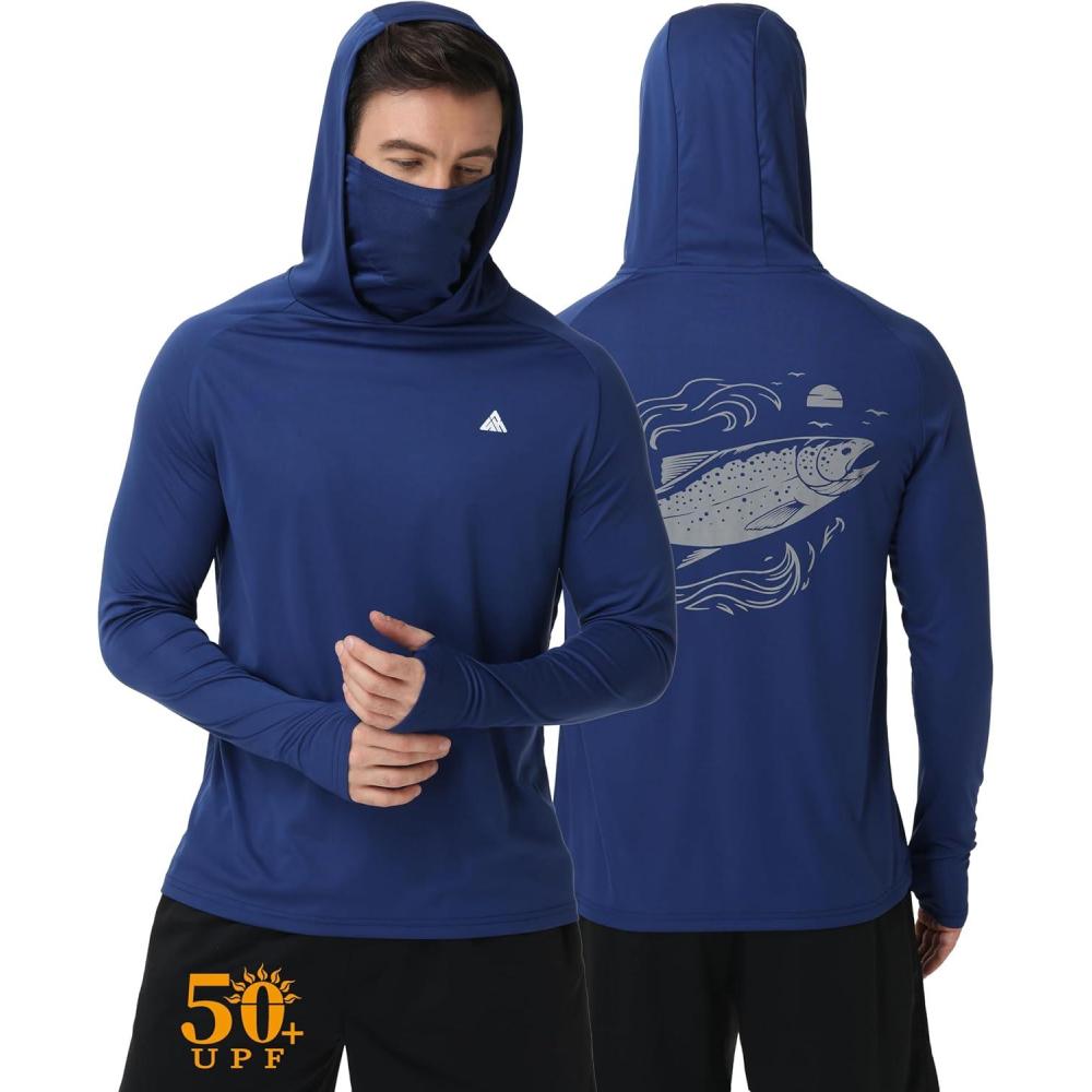 imageZITY Fishing Shirts for Men with Mask UPF 50 UV Sun Protection Rash Guard Long Sleeve HoodieDark Blue