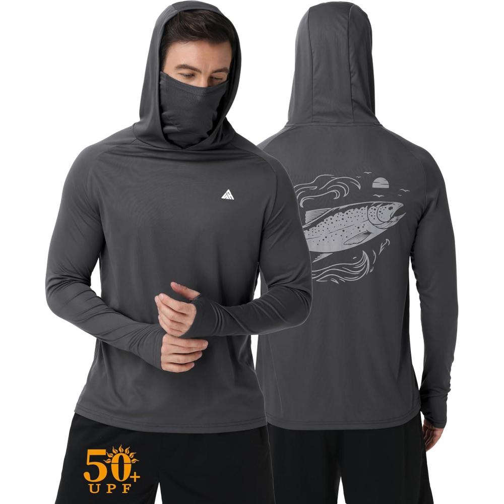 imageZITY Fishing Shirts for Men with Mask UPF 50 UV Sun Protection Rash Guard Long Sleeve HoodieDeep Grey