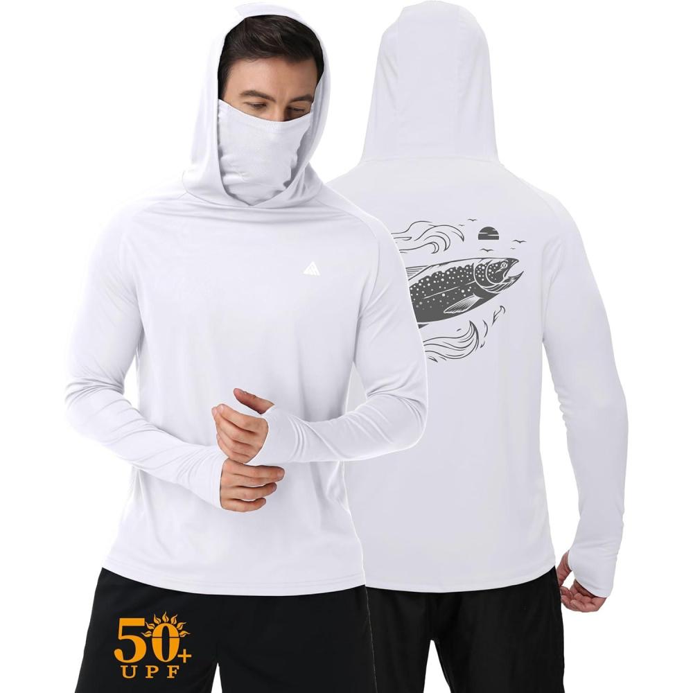 imageZITY Fishing Shirts for Men with Mask UPF 50 UV Sun Protection Rash Guard Long Sleeve HoodieWhite
