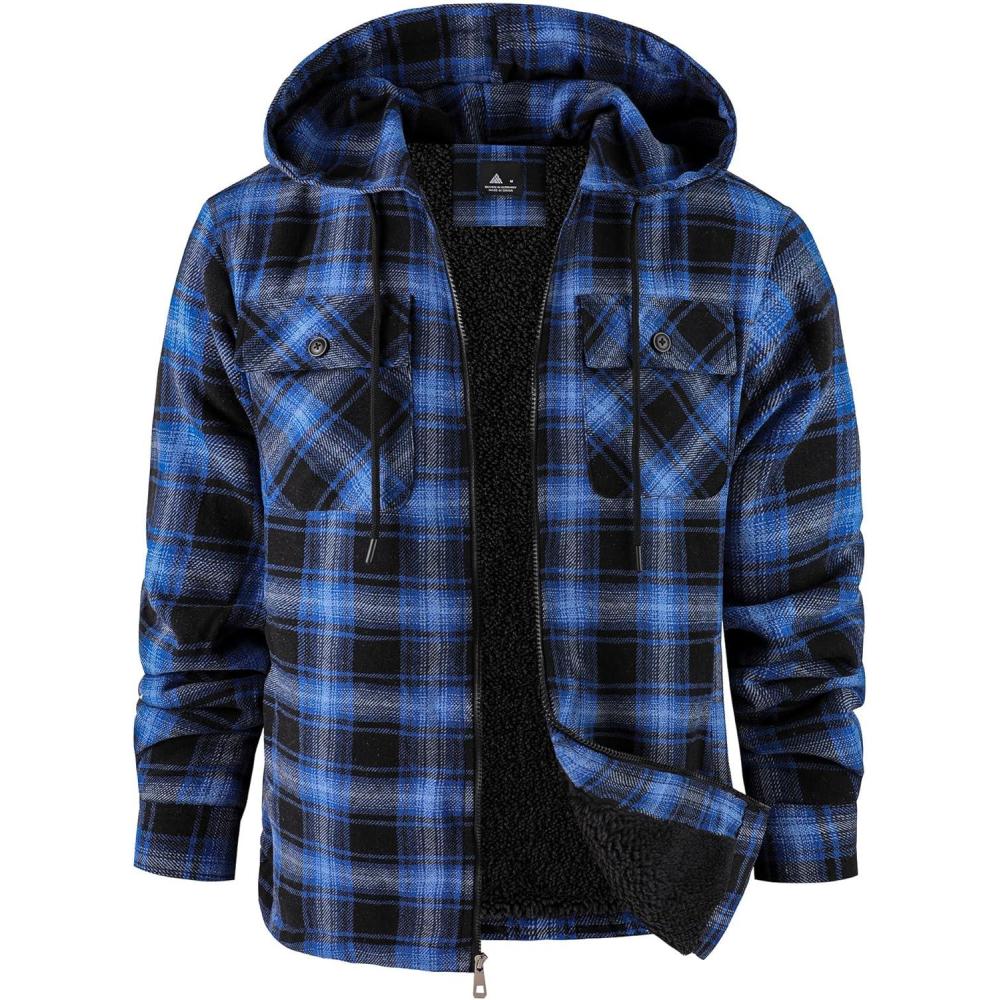 imageZITY Flannel Jacket for Men Fleece Plaid Shirts Hoodie Zip Up Sherpa Lined Winter Warm CoatBlack Blue