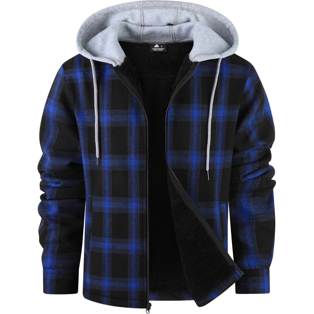imageZITY Flannel Jacket for Men Fleece Plaid Shirts Hoodie Zip Up Sherpa Lined Winter Warm CoatBlue Black