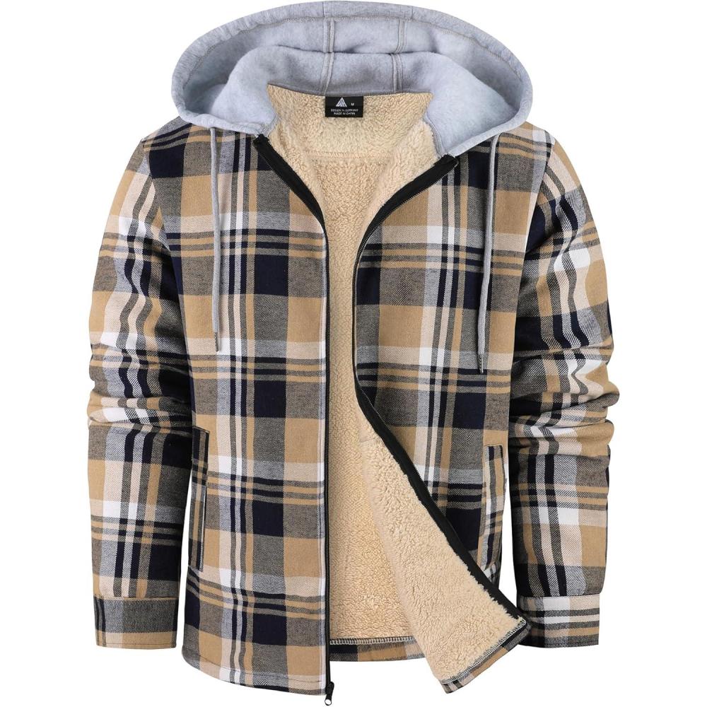imageZITY Flannel Jacket for Men Fleece Plaid Shirts Hoodie Zip Up Sherpa Lined Winter Warm CoatDark Blue Beige