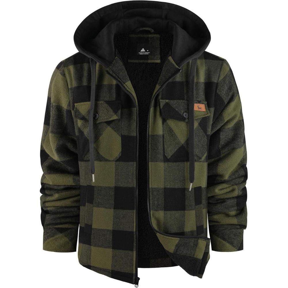 imageZITY Flannel Jacket for Men Fleece Plaid Shirts Hoodie Zip Up Sherpa Lined Winter Warm CoatDark Green