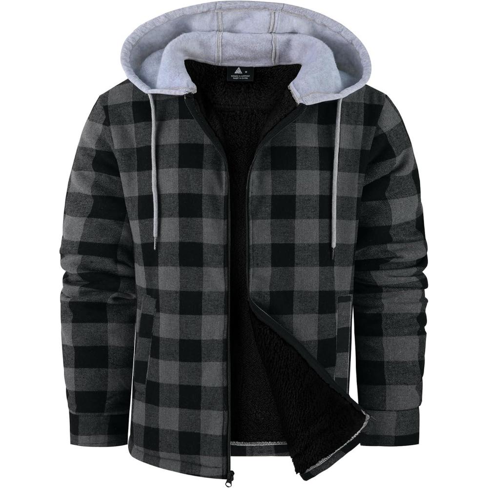 imageZITY Flannel Jacket for Men Fleece Plaid Shirts Hoodie Zip Up Sherpa Lined Winter Warm CoatDark Grey