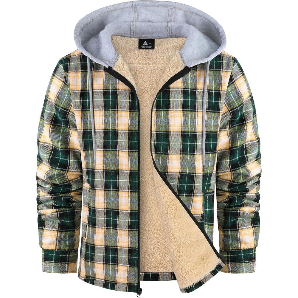 imageZITY Flannel Jacket for Men Fleece Plaid Shirts Hoodie Zip Up Sherpa Lined Winter Warm CoatGreen Beige