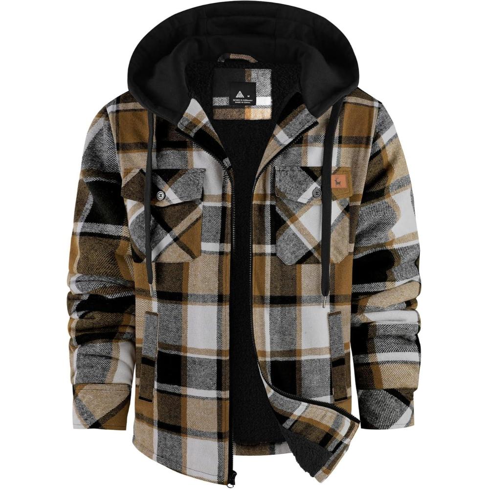 imageZITY Flannel Jacket for Men Fleece Plaid Shirts Hoodie Zip Up Sherpa Lined Winter Warm CoatKhaki Brown
