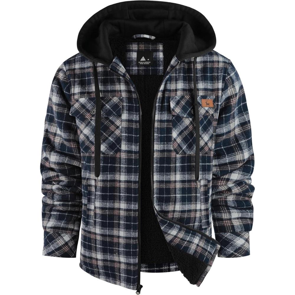 imageZITY Flannel Jacket for Men Fleece Plaid Shirts Hoodie Zip Up Sherpa Lined Winter Warm CoatNavy Black