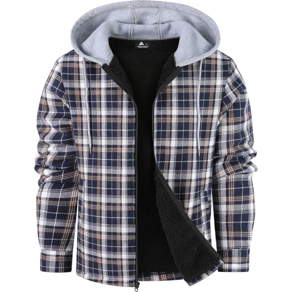 imageZITY Flannel Jacket for Men Fleece Plaid Shirts Hoodie Zip Up Sherpa Lined Winter Warm CoatNavy White