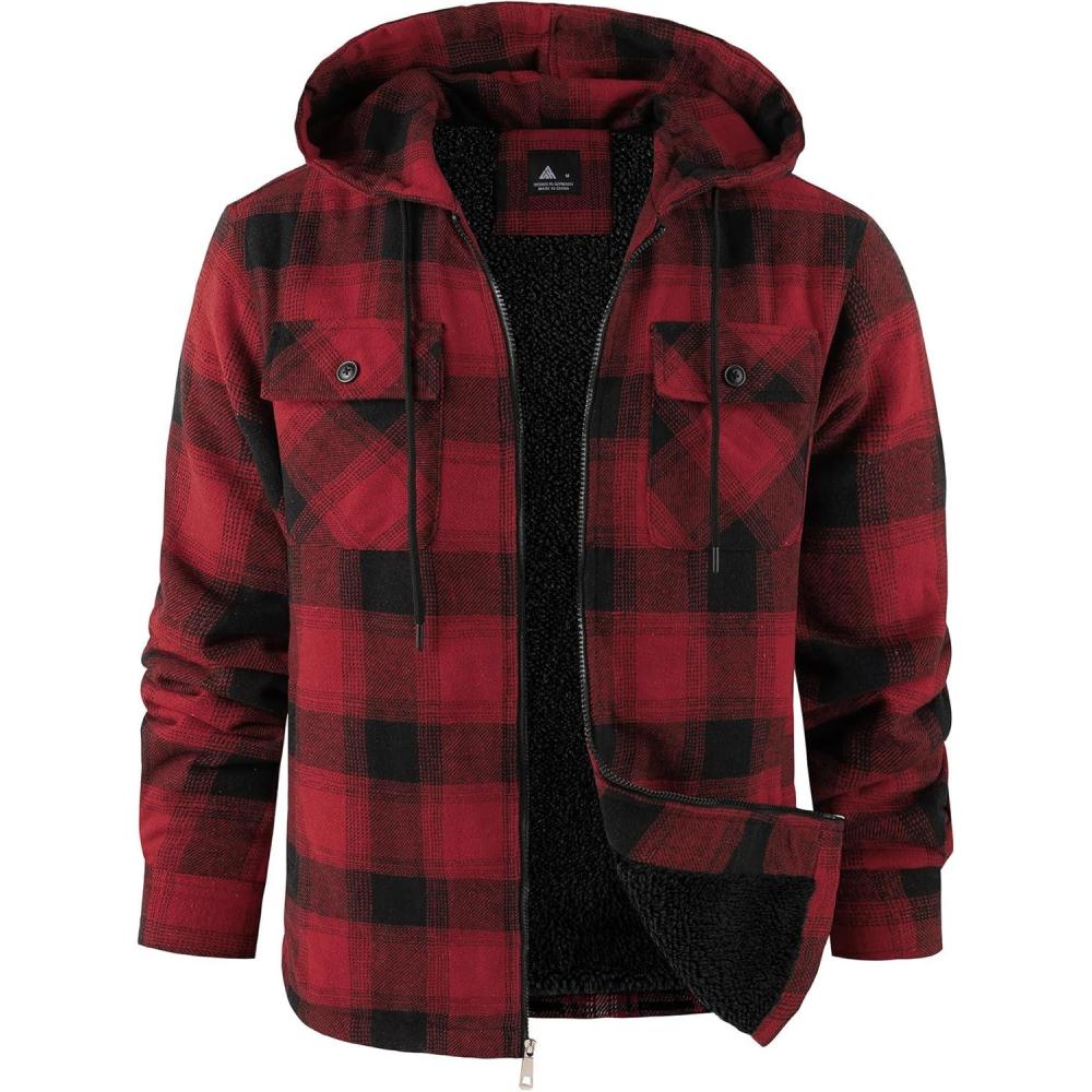 imageZITY Flannel Jacket for Men Fleece Plaid Shirts Hoodie Zip Up Sherpa Lined Winter Warm CoatRed Black