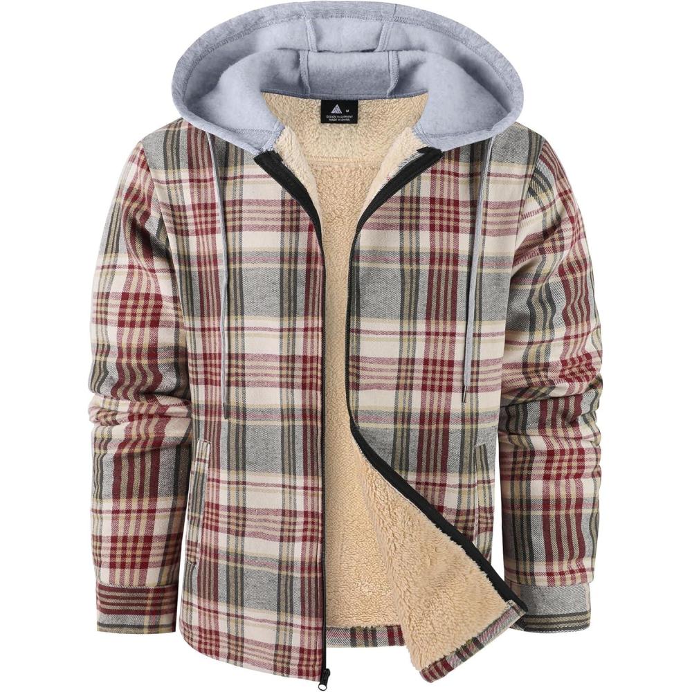 imageZITY Flannel Jacket for Men Fleece Plaid Shirts Hoodie Zip Up Sherpa Lined Winter Warm CoatWine Red Beige