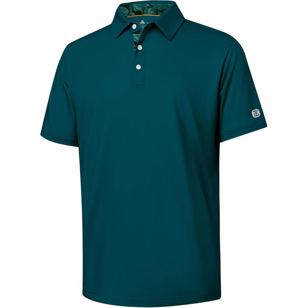 imageZITY Golf Shirts for Men Short Sleeve Moisture Wicking Solid Performance Designed Print Collared Casual Polo ShirtDark Teal Blue