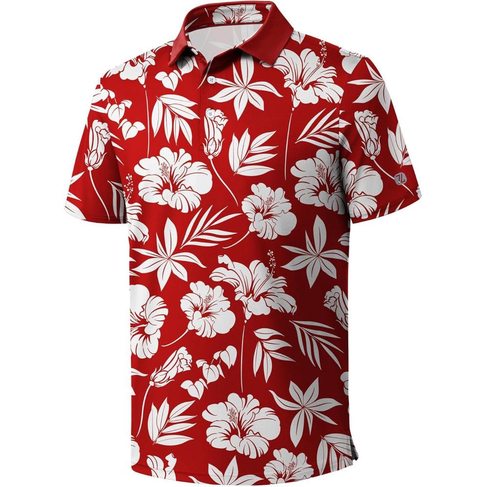 imageZITY Golf Shirts for Men Short Sleeve Print Polo Shirt Moisture Wicking Regular Fit Casual Beach PoloRed Flowers