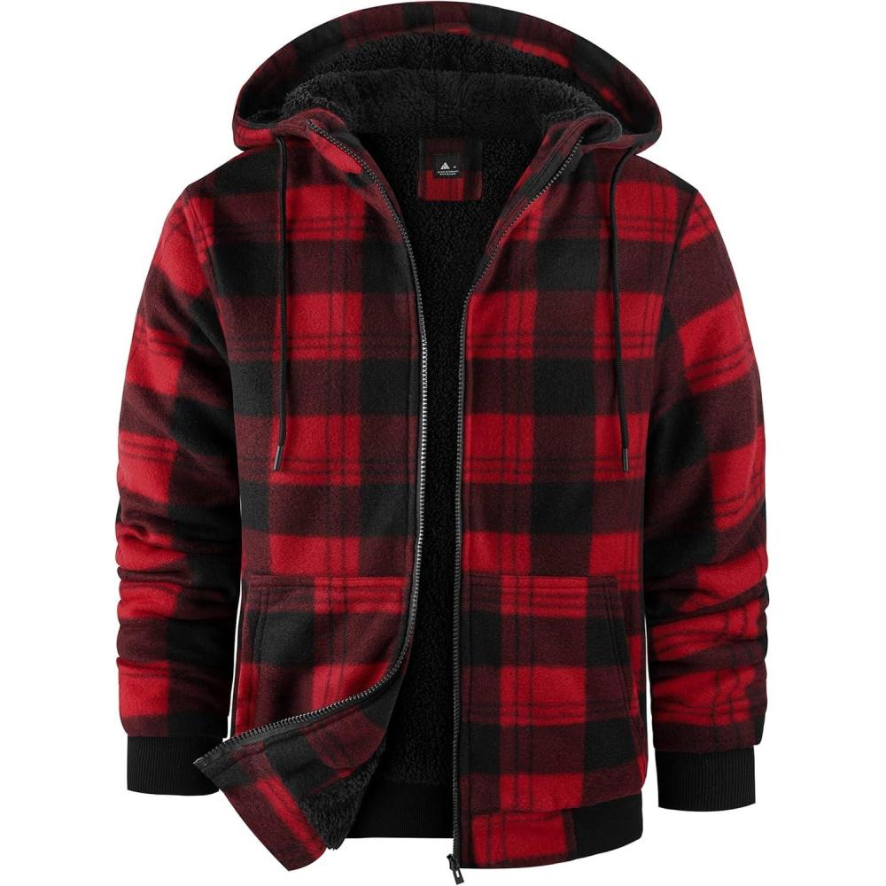 imageZITY Hoodies for Men Flannel Fleece Sweatshirt Plaid Full Zip Up Jacket Sherpa Lined Winter Warm CoatBlack Red