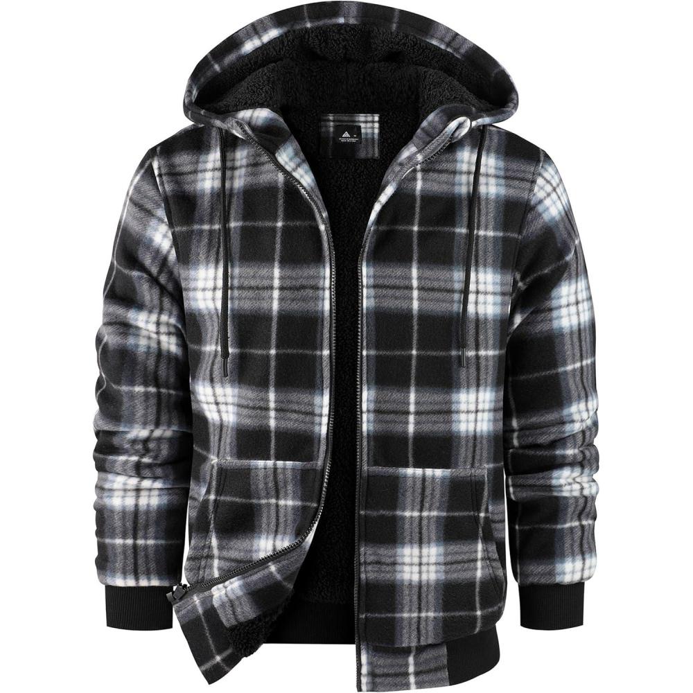 imageZITY Hoodies for Men Flannel Fleece Sweatshirt Plaid Full Zip Up Jacket Sherpa Lined Winter Warm CoatBlack White