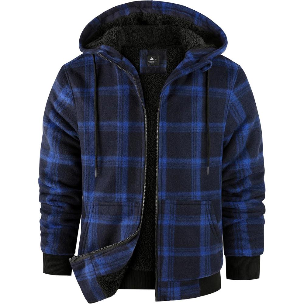 imageZITY Hoodies for Men Flannel Fleece Sweatshirt Plaid Full Zip Up Jacket Sherpa Lined Winter Warm CoatBlue Navy