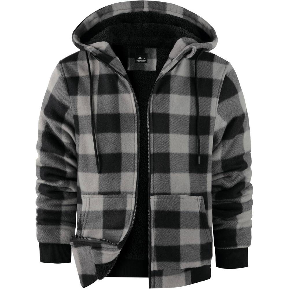 imageZITY Hoodies for Men Flannel Fleece Sweatshirt Plaid Full Zip Up Jacket Sherpa Lined Winter Warm CoatDark Gray