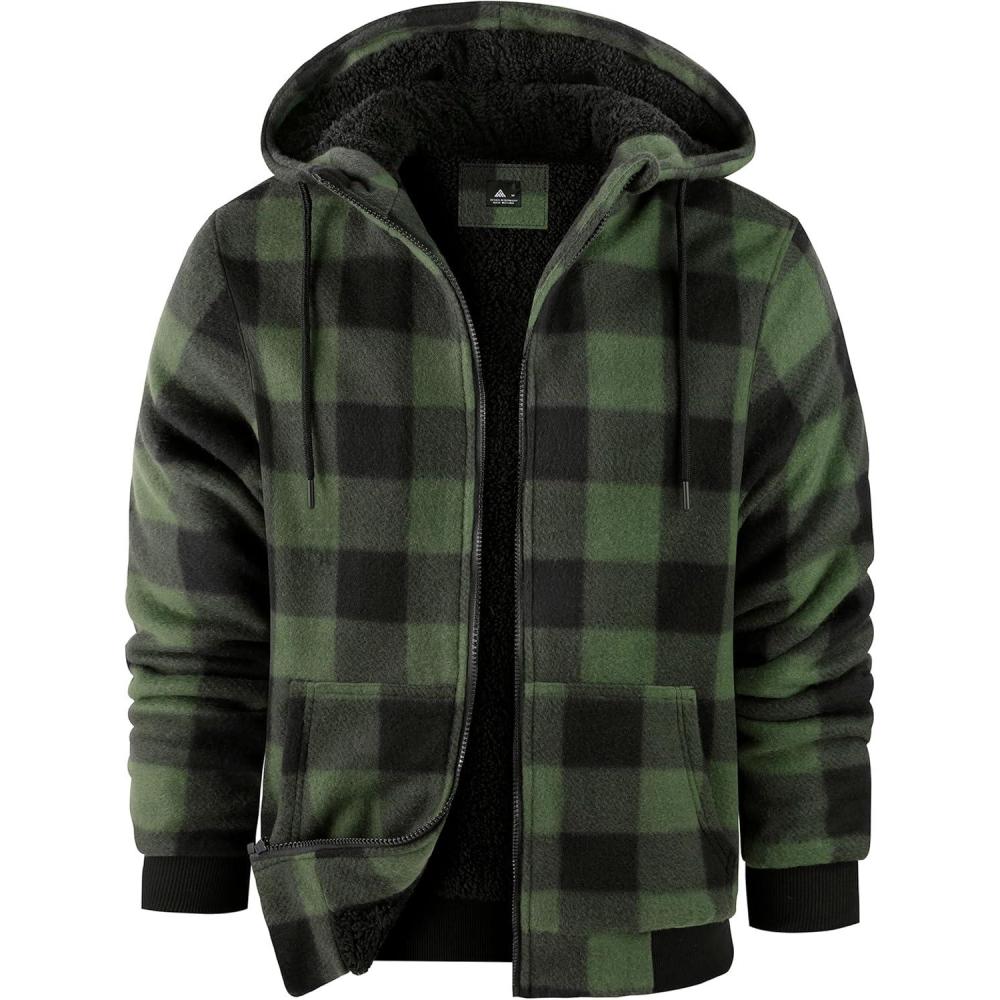 imageZITY Hoodies for Men Flannel Fleece Sweatshirt Plaid Full Zip Up Jacket Sherpa Lined Winter Warm CoatDark Green