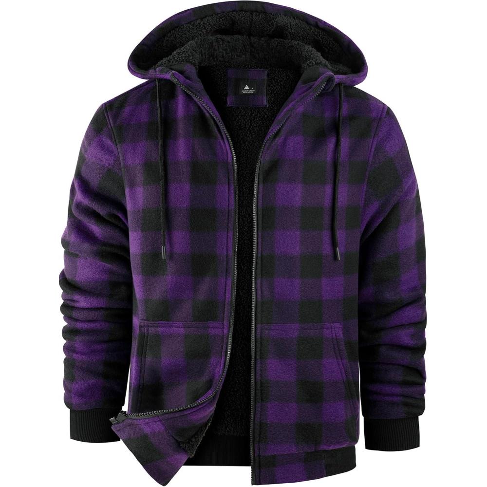 imageZITY Hoodies for Men Flannel Fleece Sweatshirt Plaid Full Zip Up Jacket Sherpa Lined Winter Warm CoatPurple