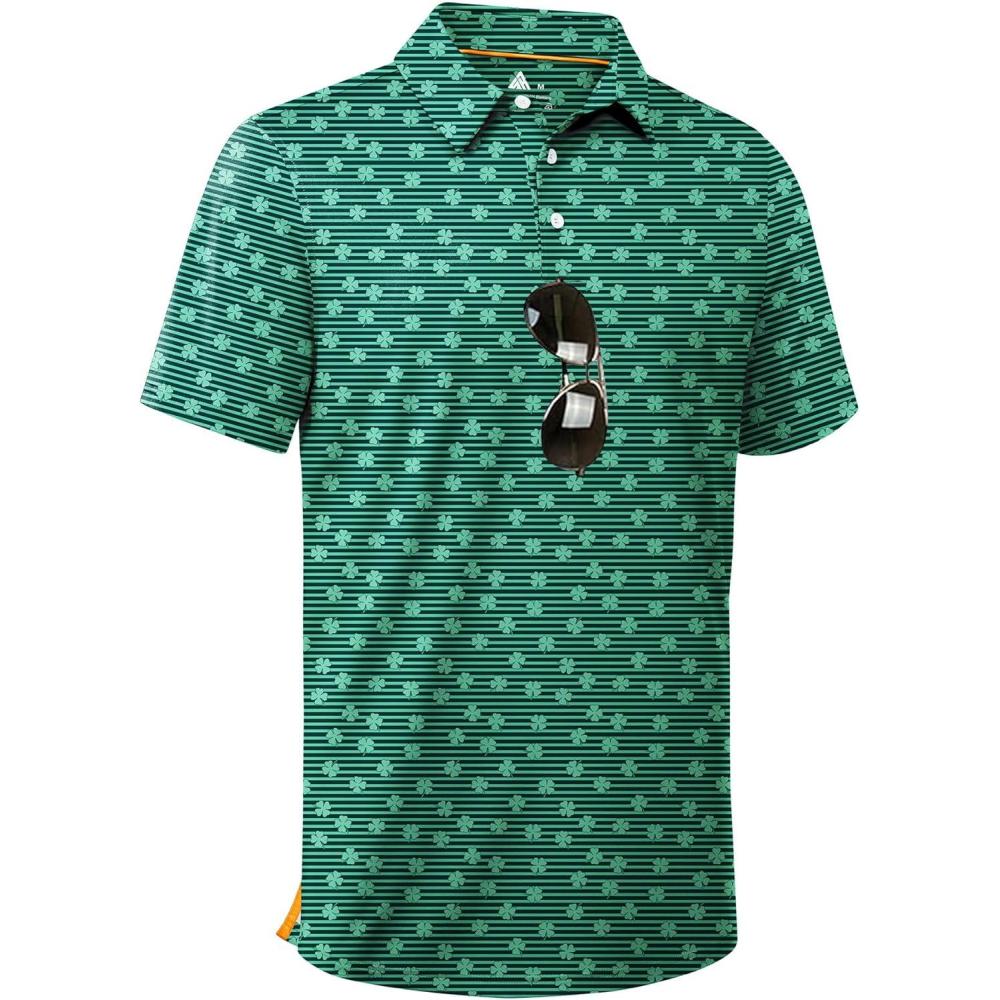 imageZITY Men Golf Polo Shirts Short Sleeve Striped UPF 50 Moisture Wicking Casual Collared Print TShirt for MenA Fourleaf Clover Striped