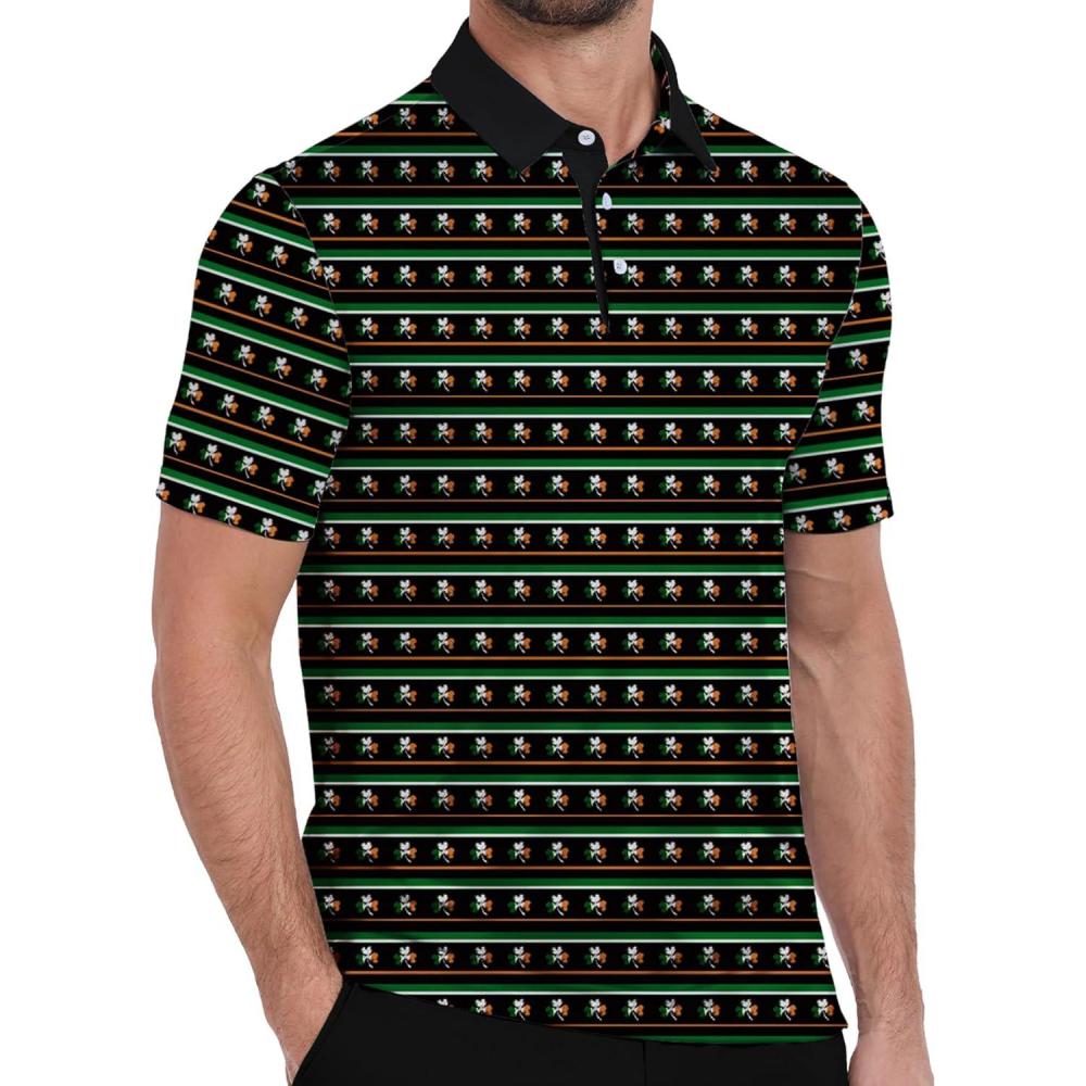 imageZITY Men Golf Polo Shirts Short Sleeve Striped UPF 50 Moisture Wicking Casual Collared Print TShirt for MenA Green Fourleaf Striped